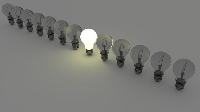 A line of lightbulbs. One of them is illuminated.