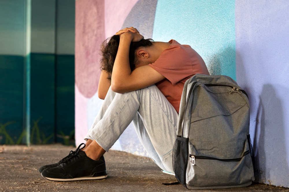 Student sitting on the floor with his head down