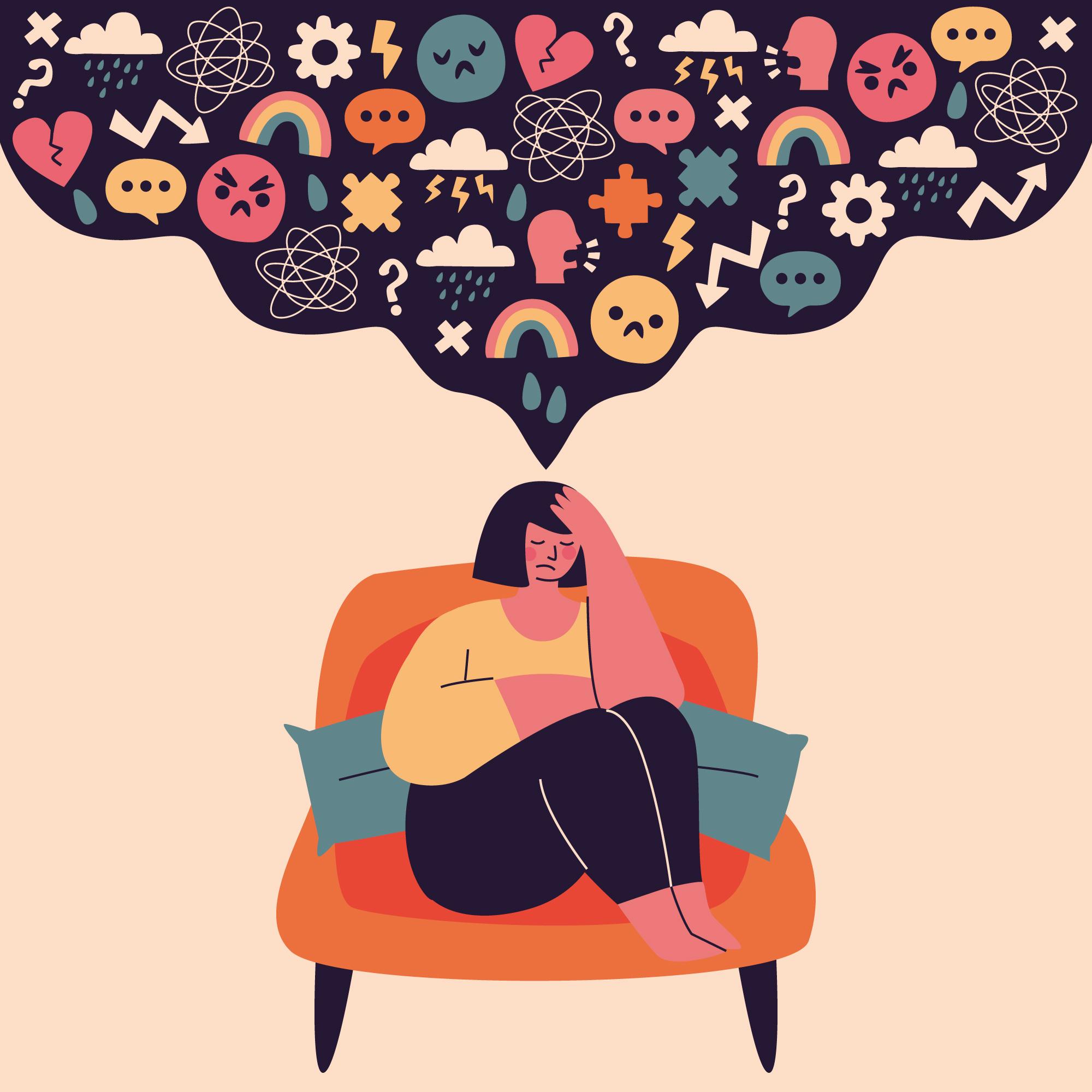 Woman who looks depressed. A thought bubble over her head contains various icons representing emotions and her mental state.