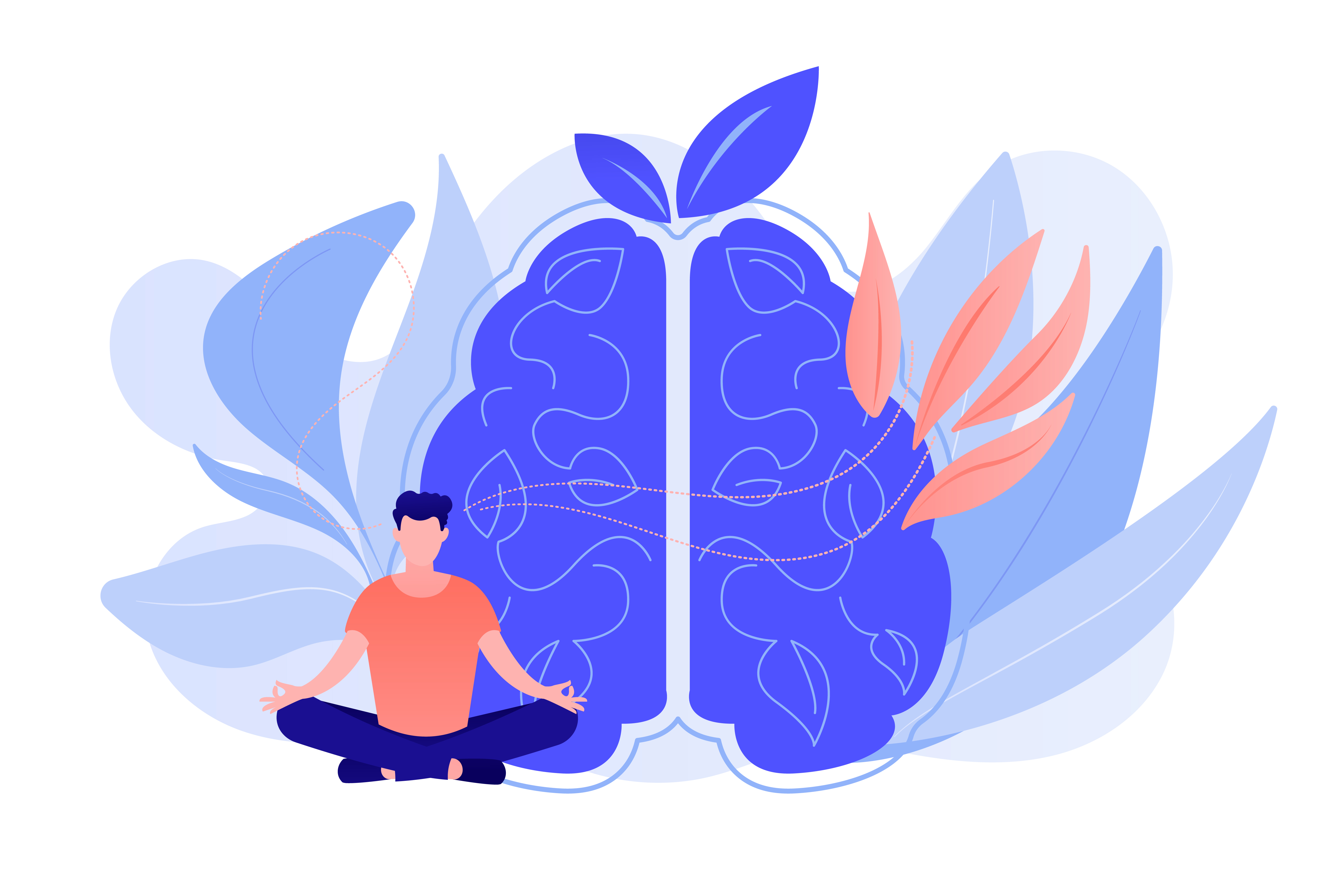 Person practicing mindfulness meditation in lotus pose in front of a drawing of a brain.