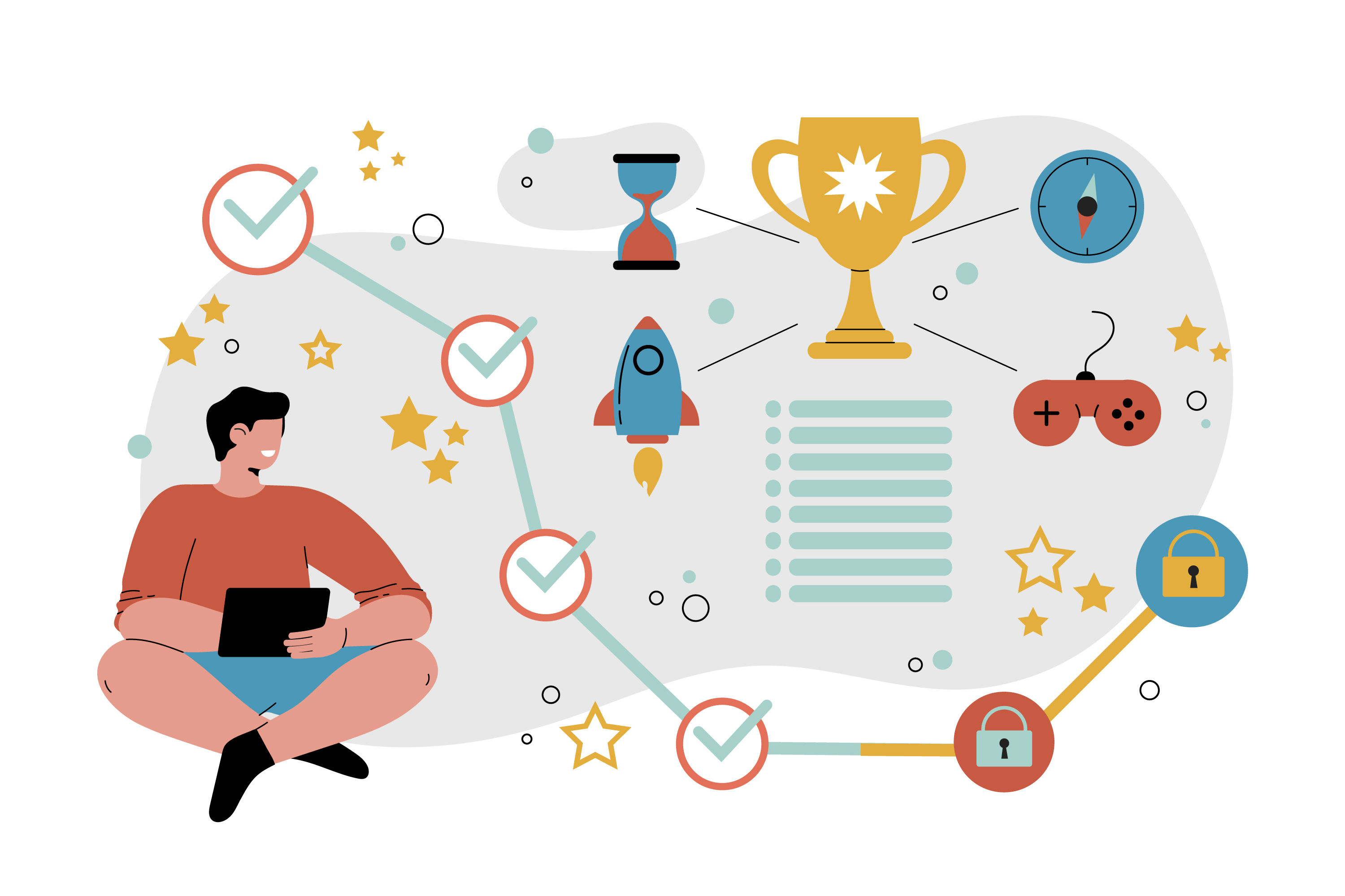 Illustration of student using gamification elements (represented by lists, trophy, compass, checkmarks, and lock symbols) in online learning.