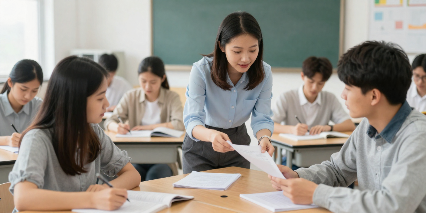 An instructor hands back graded assignments to students.