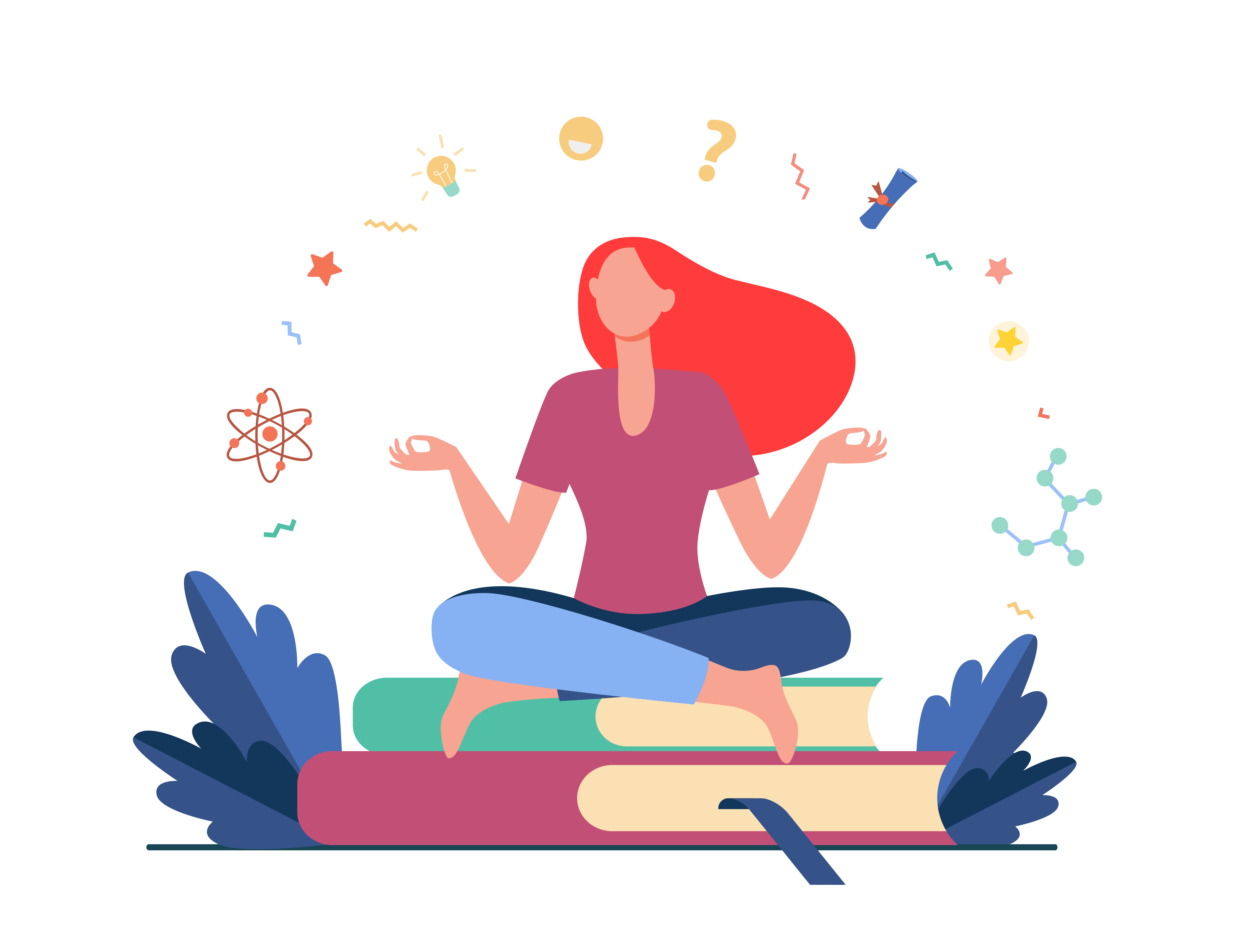 Woman sitting and meditating on pile of books