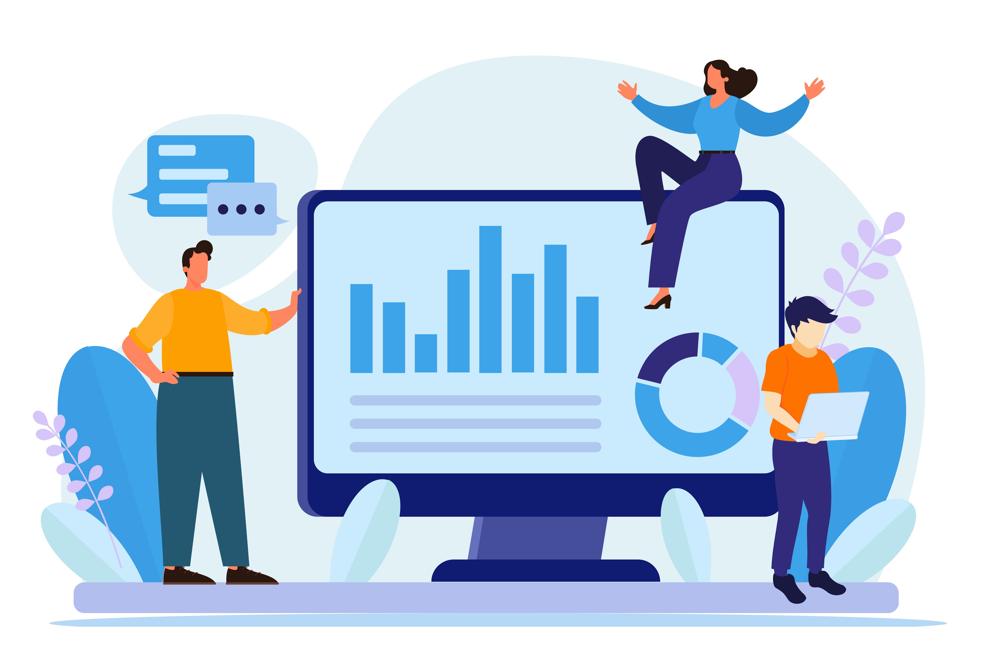 An illustration of people surrounding a computer with data on it.