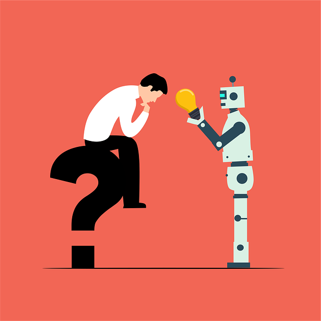 A robot handing a lightbulb to a man sitting on a question mark