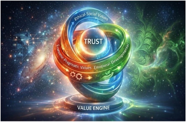 Three rings representing trust in the value engine. The rings are ethical-social values, economic-pragmatic values, and emotional-developmental values.