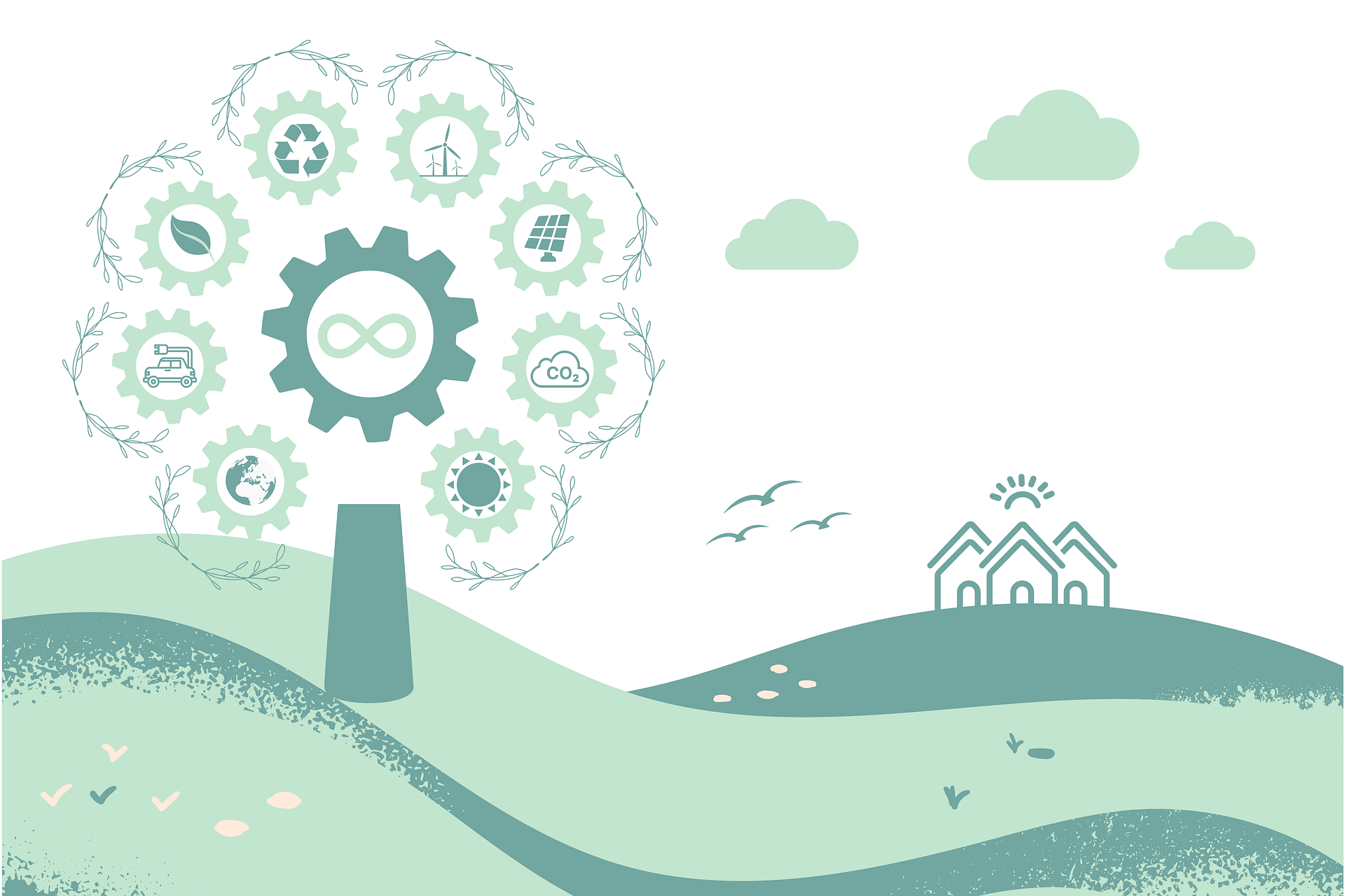Artistic rendition with a tree showing different sustainability practice symbols