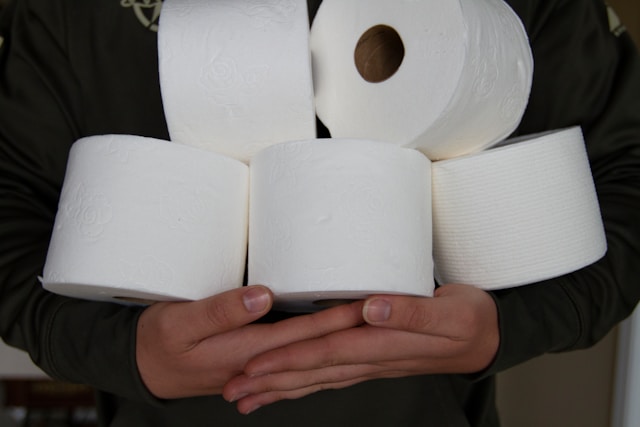 A person holding a pile of toilet paper roles